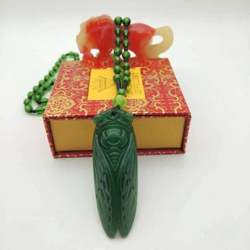Imitate Hotan Jade Cicada Pendant Transfer Jade Sweater Chain Men's and Women's Birthday Gifts Crystal Necklace