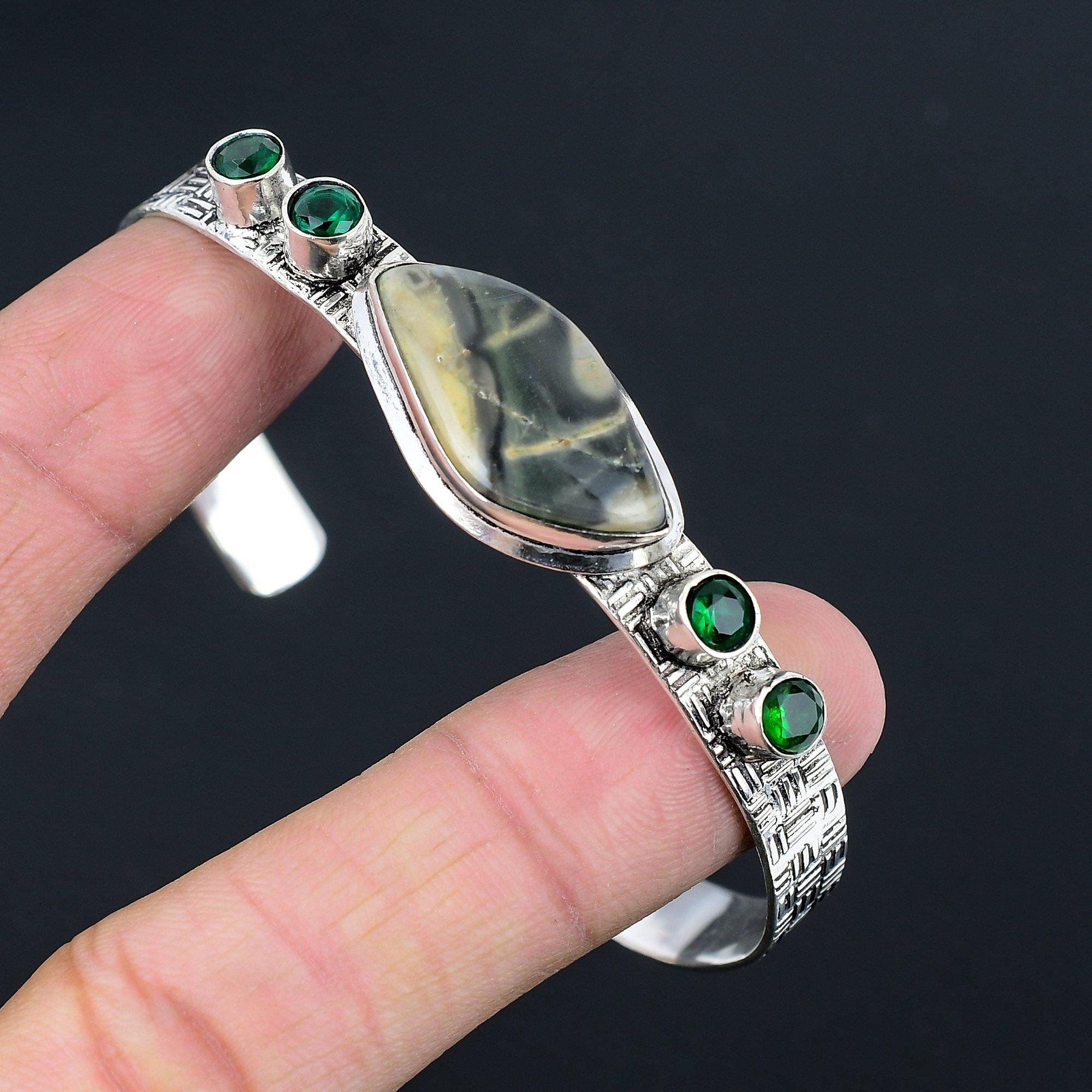 

Sterling Silver Natural Fume Agate Chrome Diopside Sister Unique Bangle Jewelry Adjustable