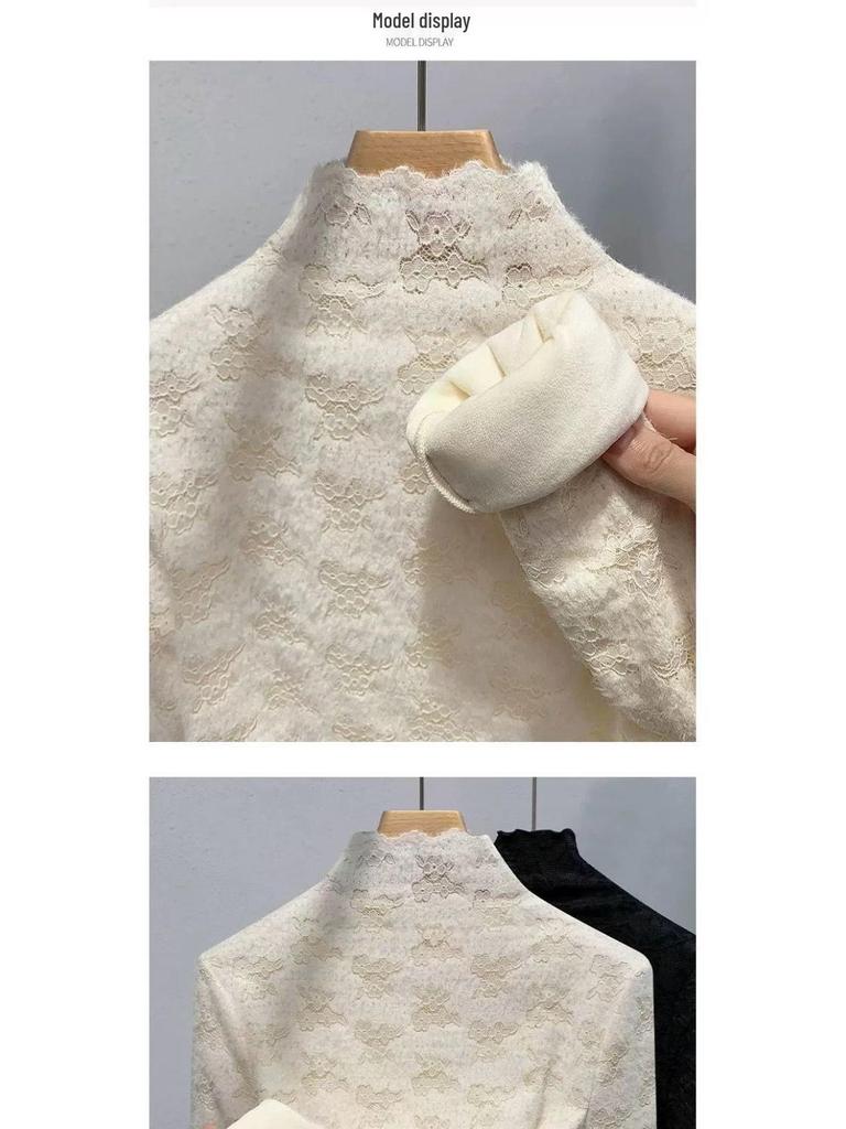 Dámská flanelová košile s vysokým límcem a krajkou - Stylová teplá základní vrstva pro podzim/zimu