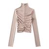 High Neck Pleated Design Waist-Cinching Long Sleeve T-Shirt for Women - Autumn/Winter