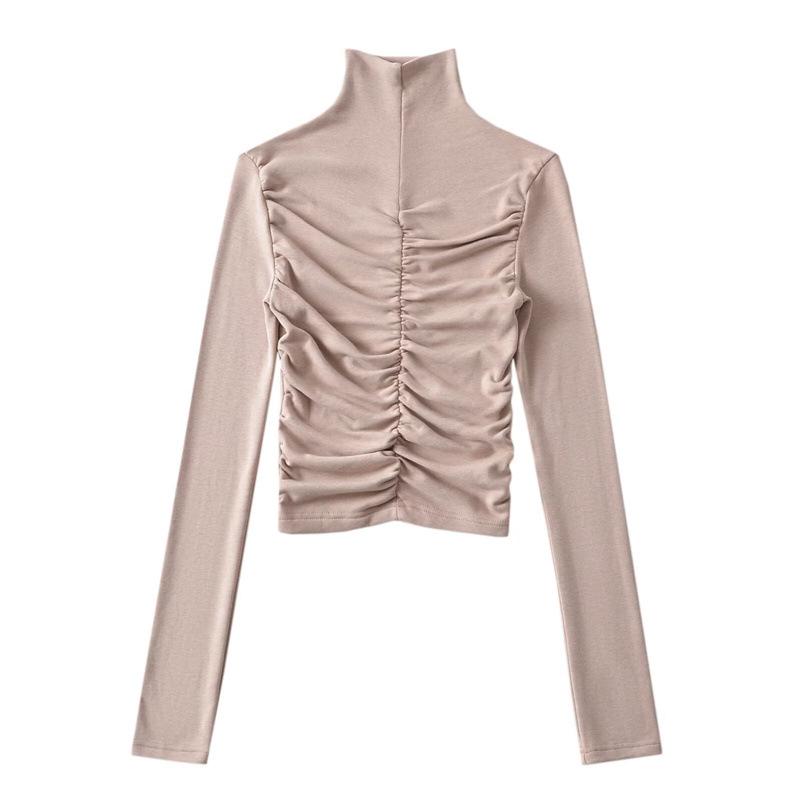 High Neck Pleated Design Waist-Cinching Long Sleeve T-Shirt for Women - Autumn/Winter