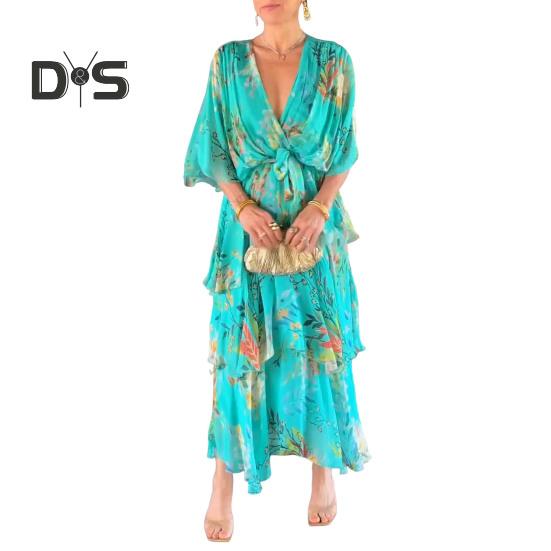 

Женское платье с многослойным подолом, шнуровкой, тонкой талией, цветным принтом, макси-платьем, рукавом средней длины, V-образным вырезом, платье для отпуска XXXL зелёный