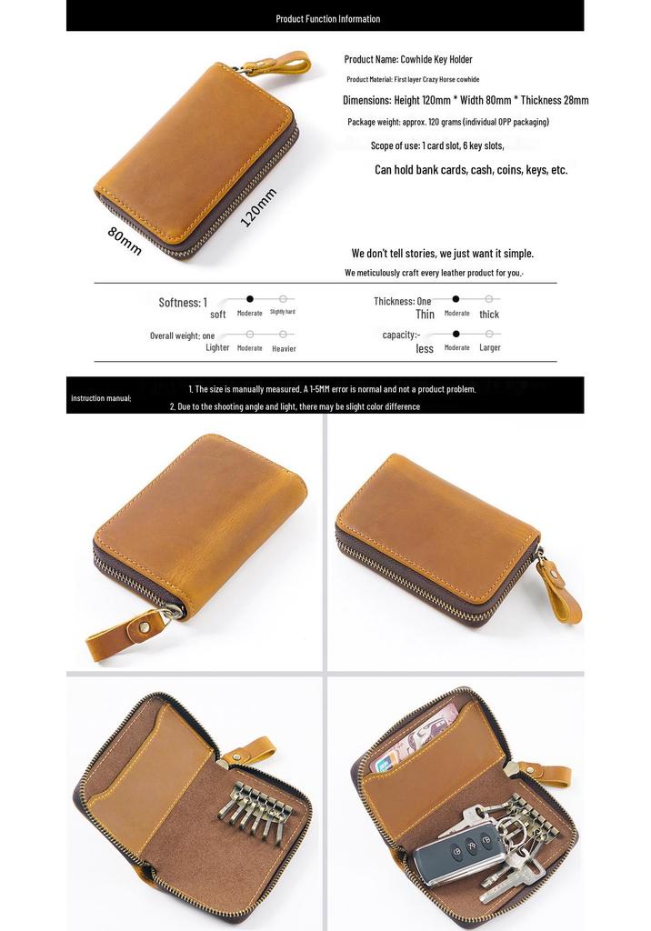 Crazy Horse Leather Car Key Holder with Zipper and Hook - Portable, Anti-Lost, Top Layer Cowhide.