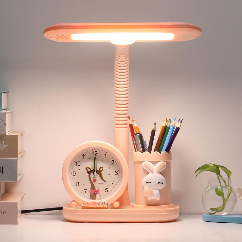 Children's Study Desk Lamp with Eye Protection, Clock, Pen Holder, and Large Light Source