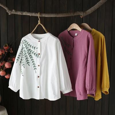 Cotton and Linen Shirt Tops, Women's Plus Embroidered Shirts, Large Size Embroidered Loose Chinese Women's Clothing