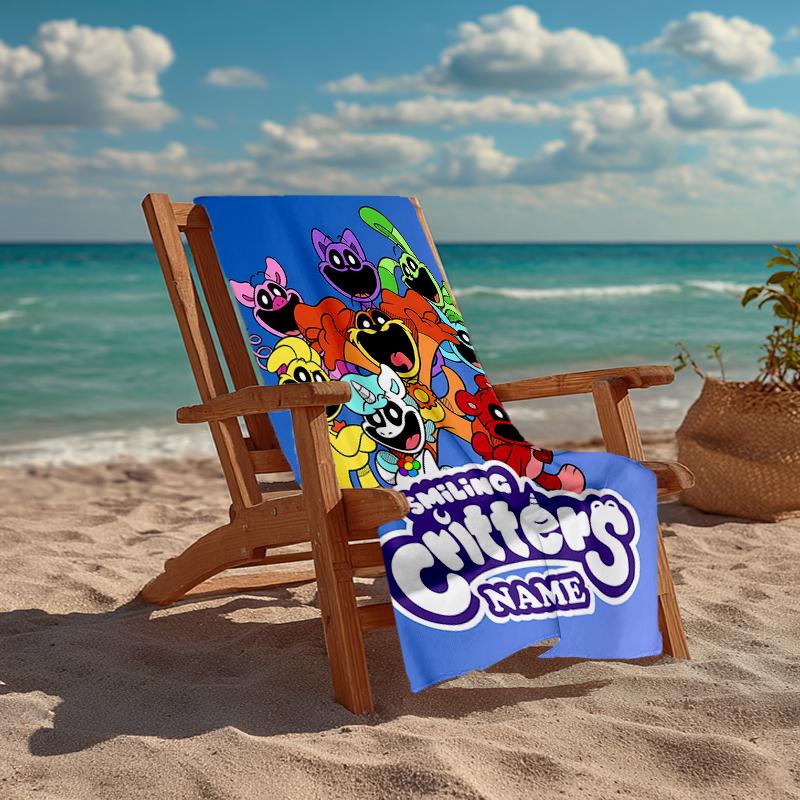 Custom Name Ultra-Soft Beach Towel with Smiling Critters Theme,Ideal for Pool - Camping, Diving - Perfect Travel Essential, Vibrant Beach Towel.