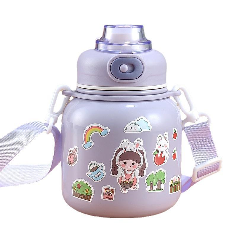 Thermosbecher für Kinder aus 316 Edelstahl, gut aussehende Studentin mit tragbarem Griff und Strohhalm, süße Tasse mit großem Bauch
