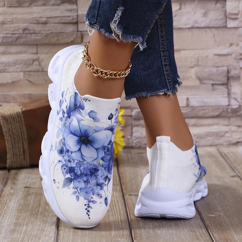 Fashion Fashion Printed Women's Running Sneakers Plus Size Knitted Breathable Mesh Casual Shoes Woman Comfortable Non Slip Walking Flats