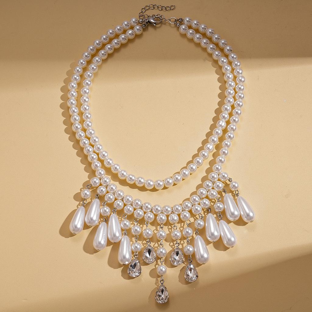 Diamond-encrusted imitation pearl beaded water drop fringed pendant double sweater chain baroque necklace