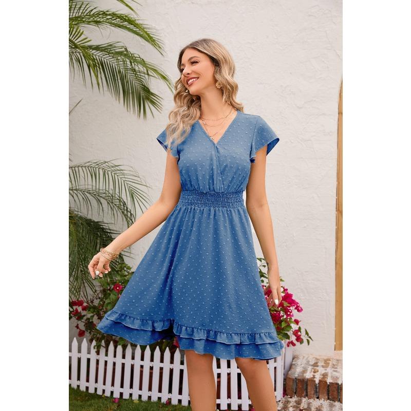 Damen Frühling Sommer Taille V-Ausschnitt Kleid Urlaub Freizeit Kurzarm Schlankheitskleid