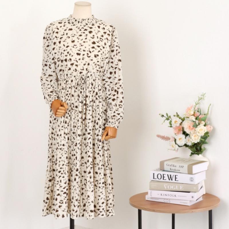 Shop Women Leopard Waist Strap Pleated Long Sleeve Long Dress Brown Cp Wdr 164