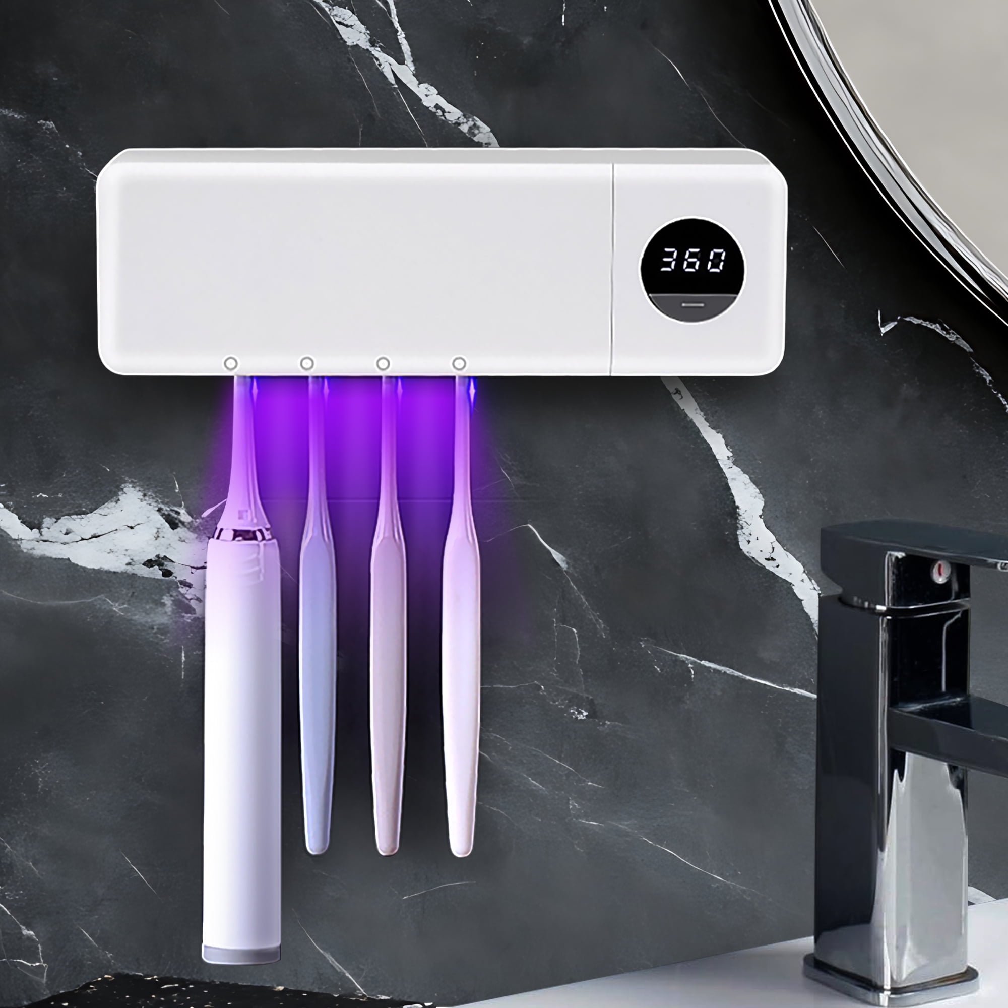 Ouwald Toothbrush Holder for Bathroom, Electric UV Toothbrush Sanitizer Holder with 4 Slots Fan Drying, 1200mAh Rechargeable Cordless Wall Mounted T