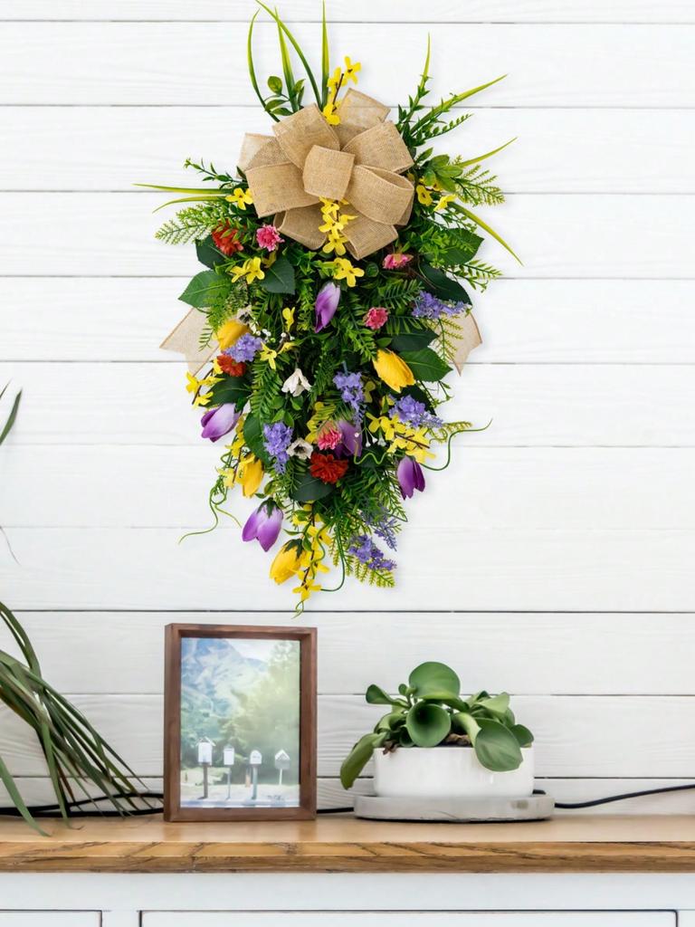 Spring and Summer Wall Courtyard Decoration Supplies Linen Bow Violet Tulip Wreath 1pc