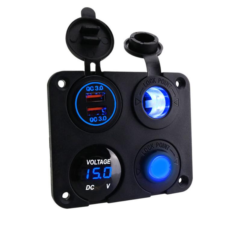 Panneau 4 en 1 Double Chargeur USB QC 3.0 pour Voiture Prise d'Alimentation Voltmètre Prise d'Alimentation Interrupteur à Bascule pour Bateau Marin Camping-car Camion
