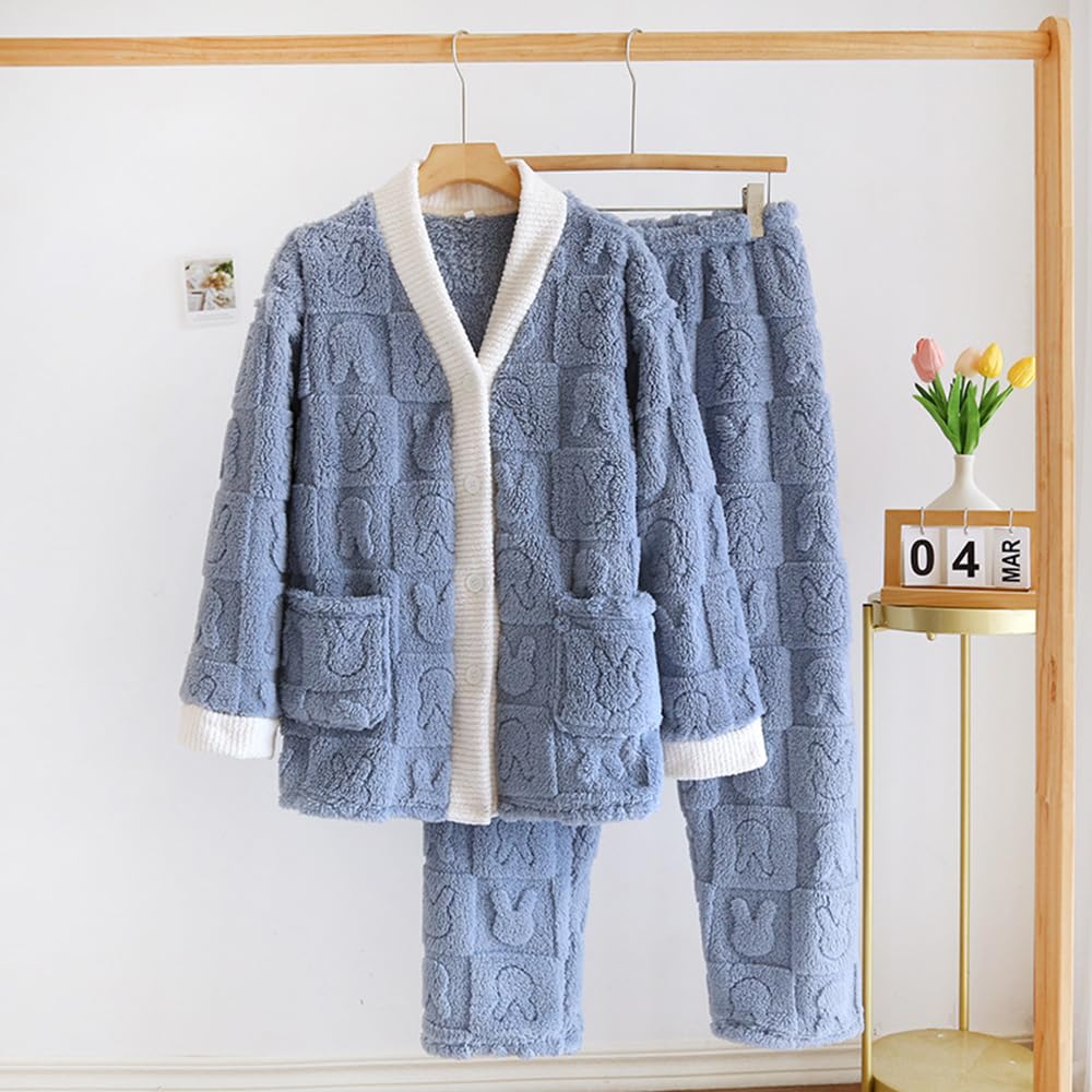 AiMMei Winter Long with with Front Fleece Thick Women's Pajamas, Fluffy, Sleeves, Pockets, Loungewear, Cute, Warm, Collar, Opening, Lining, (XL, Blue)