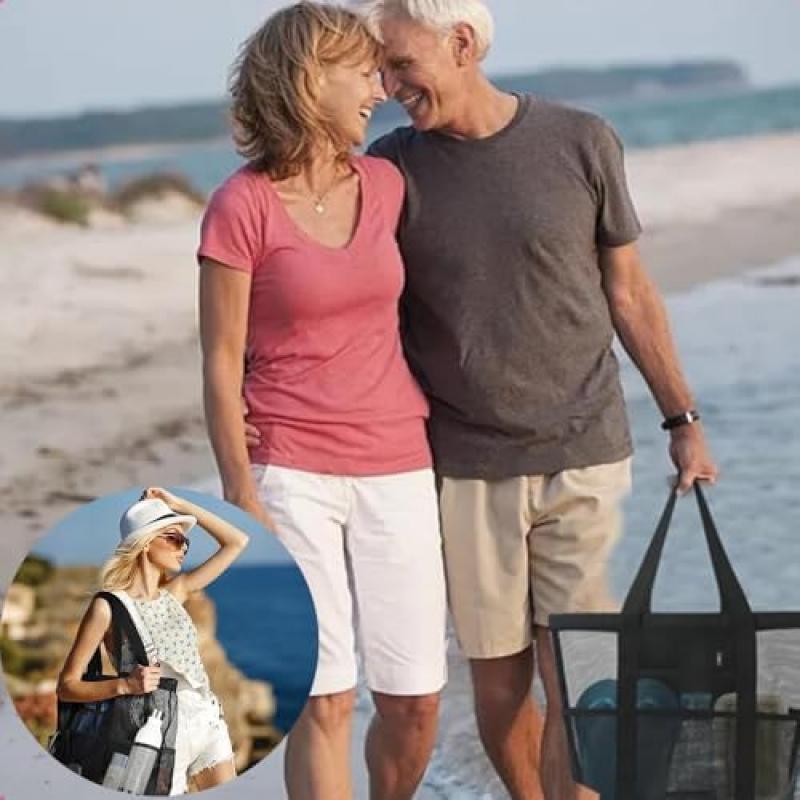 FaJoek Große Netz-Strandtasche Faltbare Strandtasche für Damen, Sandspielzeug-Netzbeutel Tragbarer Netz-Strandspielzeug-Träger