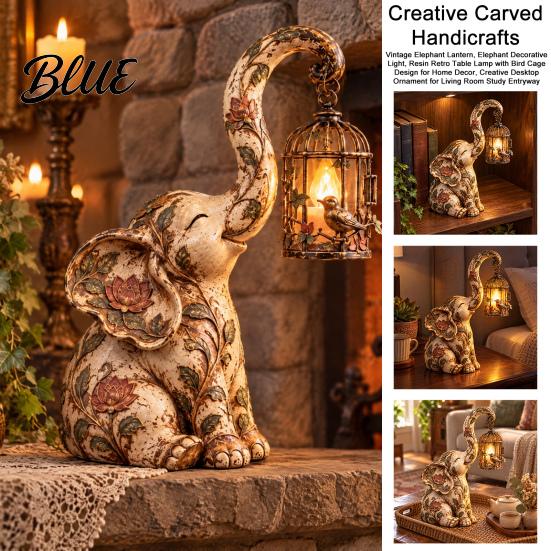 Elephant Lantern Decor Vintage Lantern Decorative Light Resin Retro Table Lamp with Bird Cage Desk Light Design for Home Decor Creative Desktop