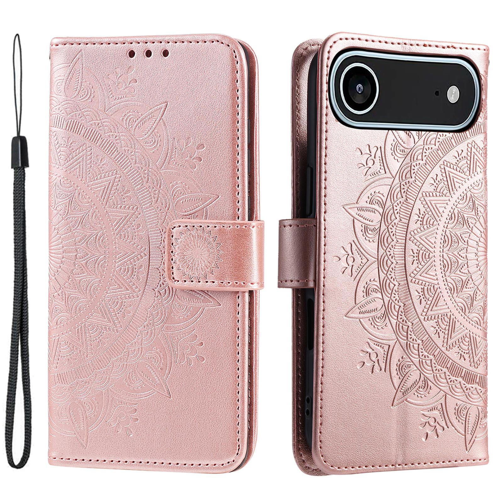 

For iPhone 17 Air Stand Case Imprinted Totem PU Leather Wallet Phone Cover with Wrist Strap Rose Gold