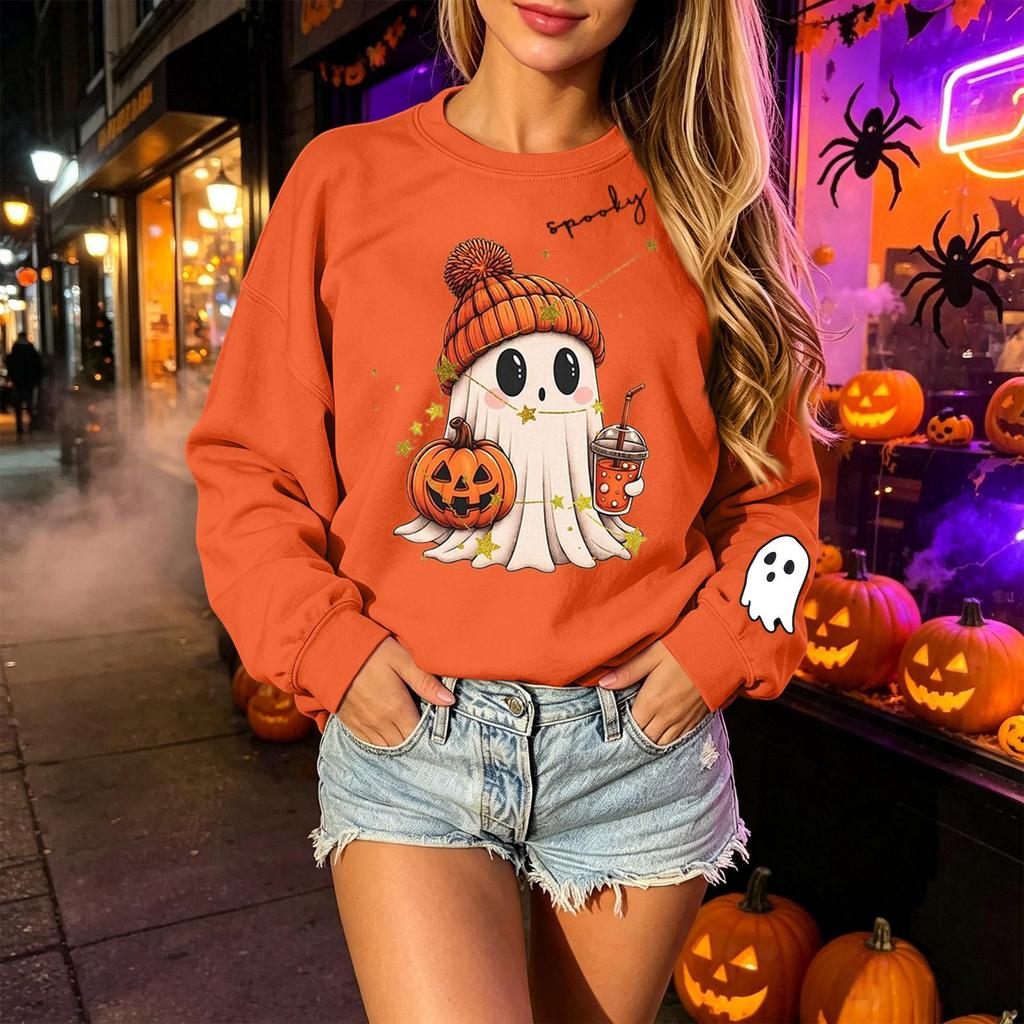 Unisex Lightweight Long Sleeve Neck Pullover Sweatshirt with Halloween Print