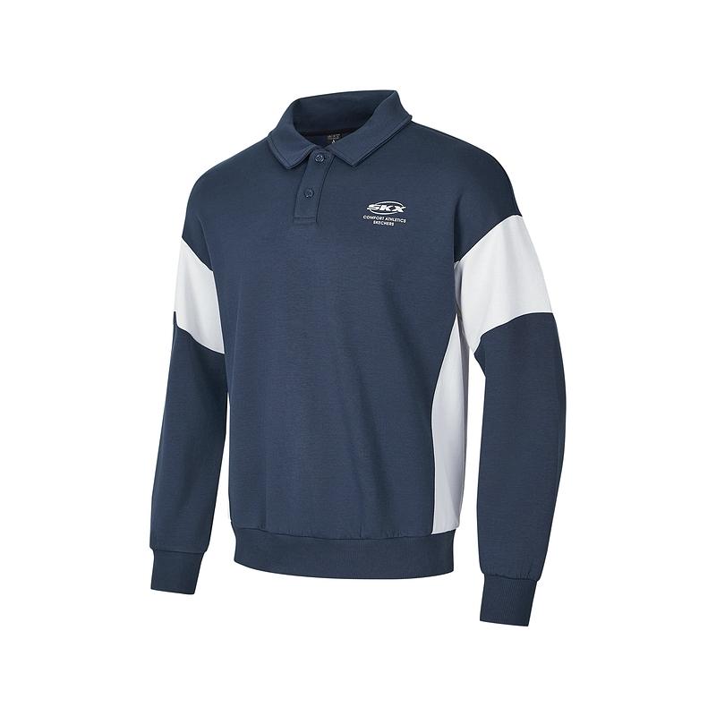 Skechers Goknit Fashion Versatile Polo Collar Loose Color Block Long Sleeve College Style Sweatshirt Unisex sweatshirt Navy-Blue P424U018-002Z M