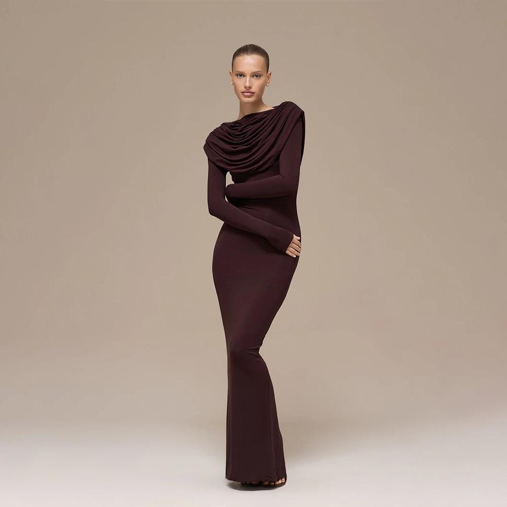 

Autumn European and American style long-sleeved swinging collar temperament elegant dress fashionable solid color waist split skirt S темно-коричневого