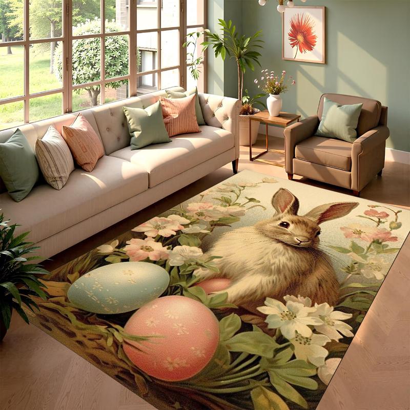 

Vintage Easter Bunny Rug Floral & Egg Print Non-slip Washable Durable Floor Mat for Living Room Bedroom Decor 40X60cm