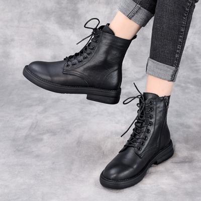 Stivali corti neri in stile britannico con cerniera laterale, stivali da donna versatili in vera pelle con suola morbida