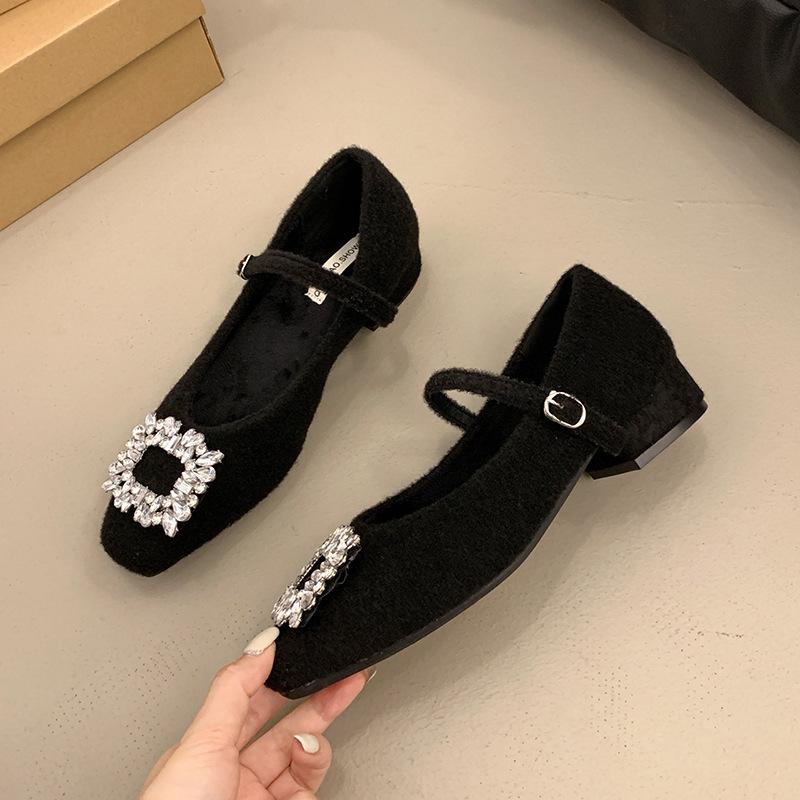 French Temperament Square Head Rhinestone Light Luxury One-word Belt Velvet Mary Jane Shoes Women's Woolen Wool Shoes Women's Winter Wear Single Shoes