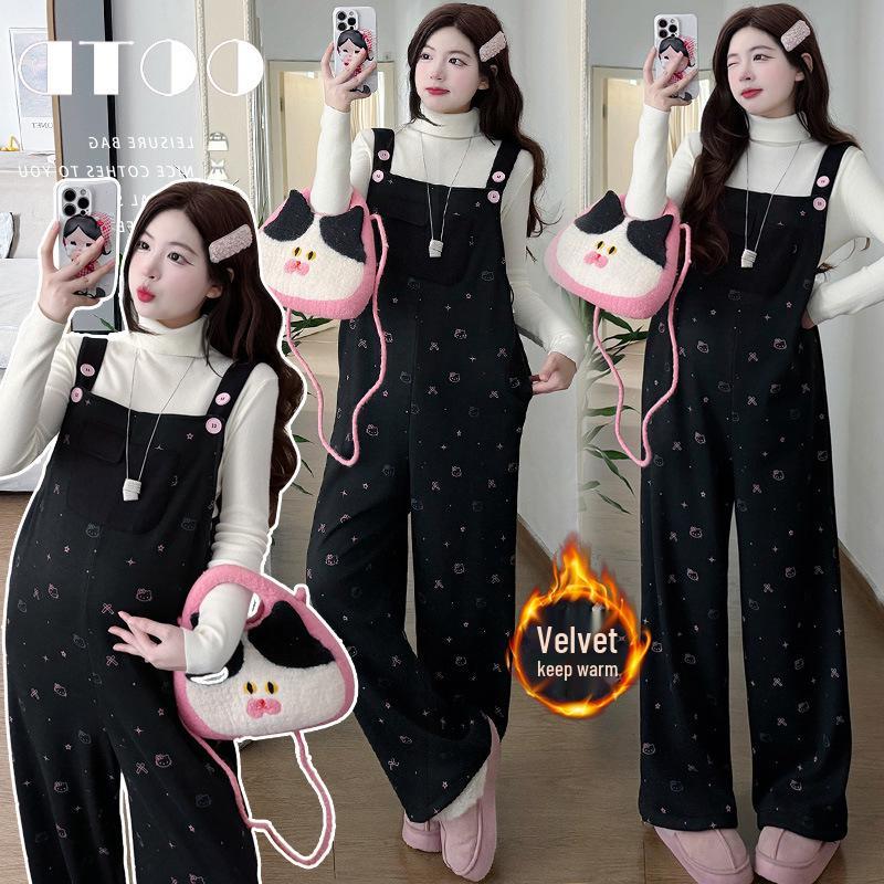 2025 Premium Knit Maternity Cartoon Overalls with Velvet Lining L