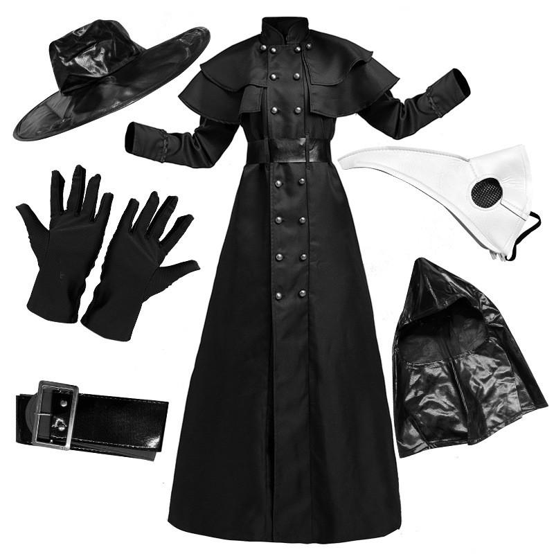 Costume Steampunk Medievale Dottore della Peste per Adulti Coppie Outfit Cosplay di Halloween Nero S-5XL