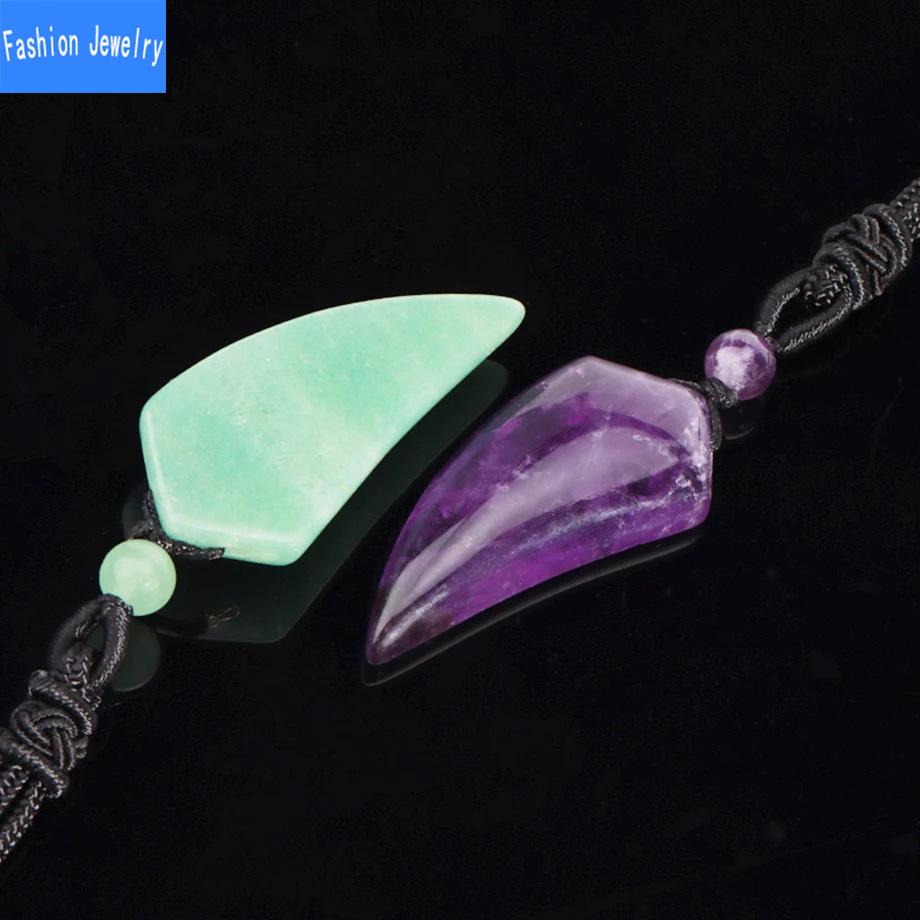 Collar con colgante minimalista bohemio hecho a mano de amatista diente de lobo - Talismán protector de cristal natural con cordón trenzado para hombres y mujeres