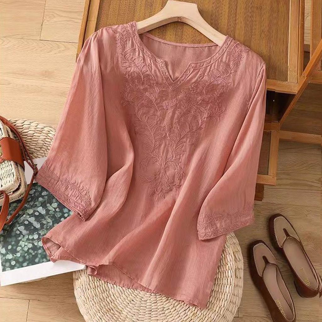 Women's Vintage Inspired Loose Fit Embroidered Mid Length Sleeve Cotton Linen Blend Top
