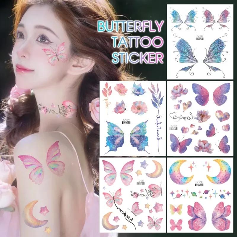 3D Feen Schmetterlingsflügel Glänzender Tattoo-Aufkleber Wasserdicht Augen Gesicht Körperkunst Fake Tattoos Für Frauen Make-up Tanz Musikfestival