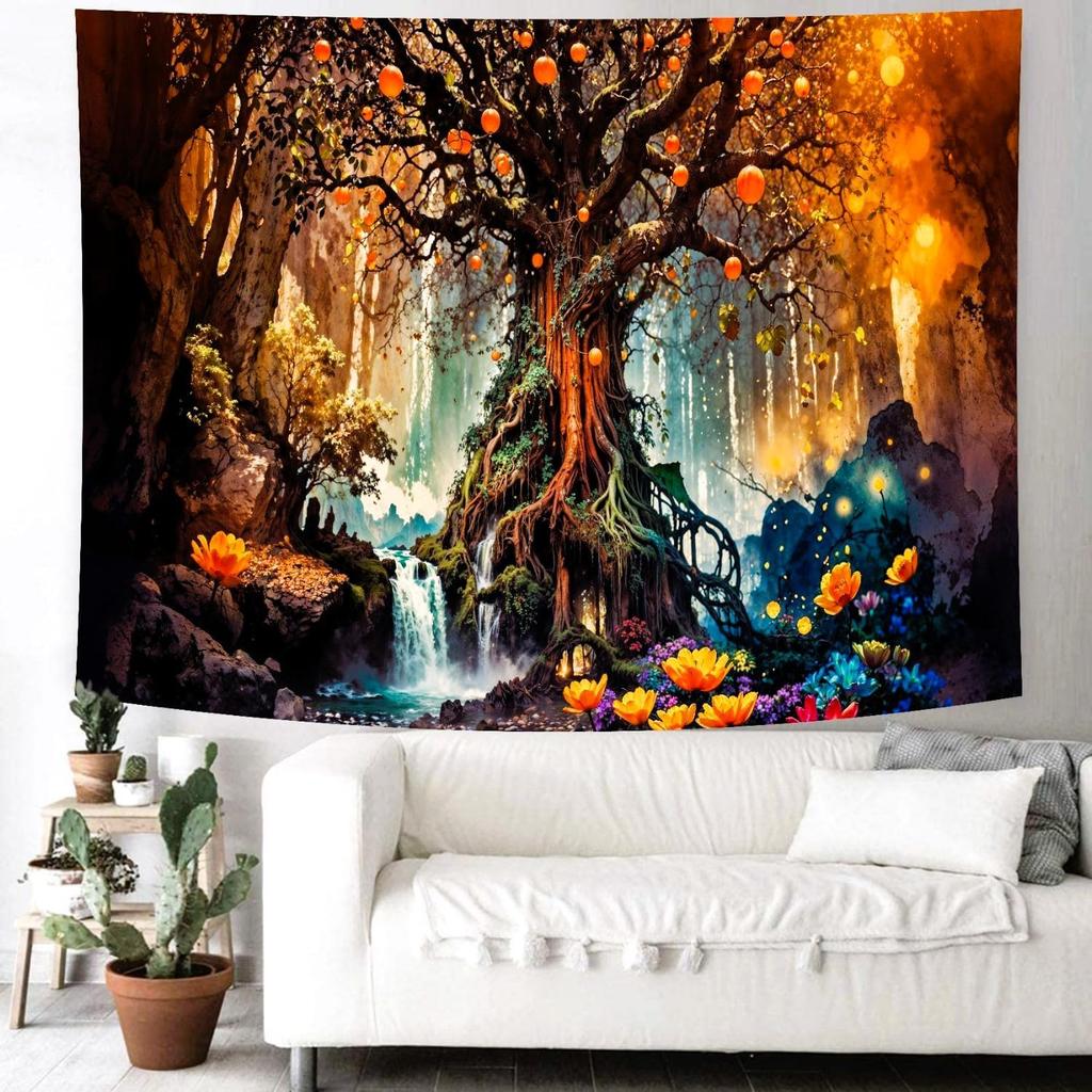 Delur Magical Forest Tapestry Fantasy Tree of Life Fairy Tale Enchanted Mystical Forest Tapestry Psychedelic Nature Landscape Wall Hanging Headboard