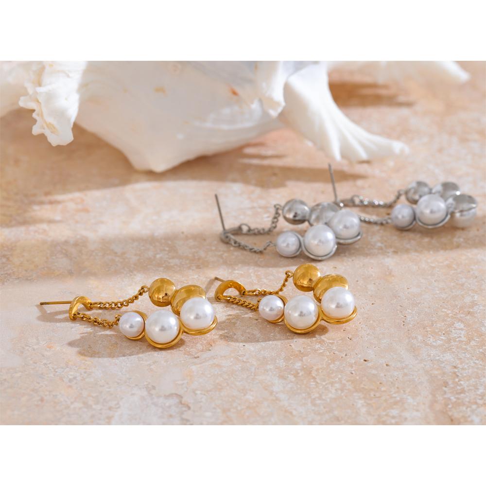 Yhpup Elegante Imitationsperlen Geometrische Kette Hängeohrringe für Damen Edelstahl Exquisiter Täglicher Schmuck Bijoux Geschenk