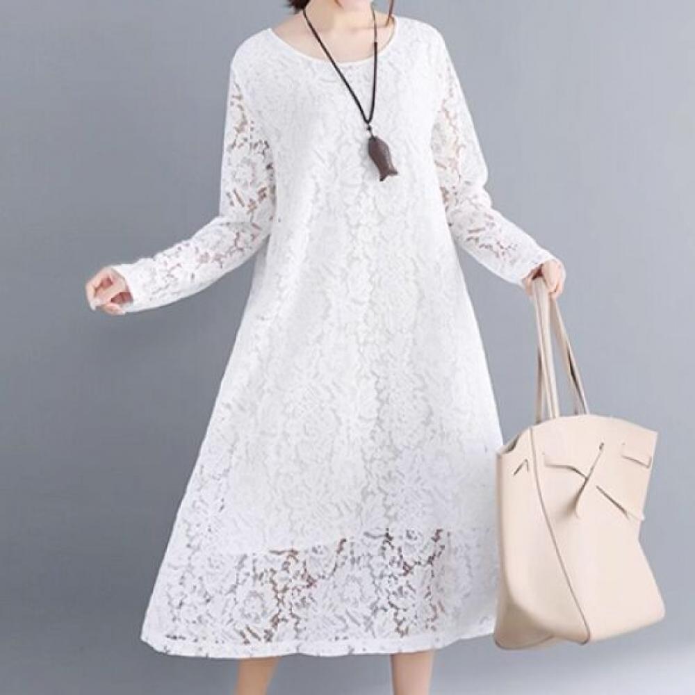 Navava Romantic Lace Round Neck Long Sleeve Dress No718