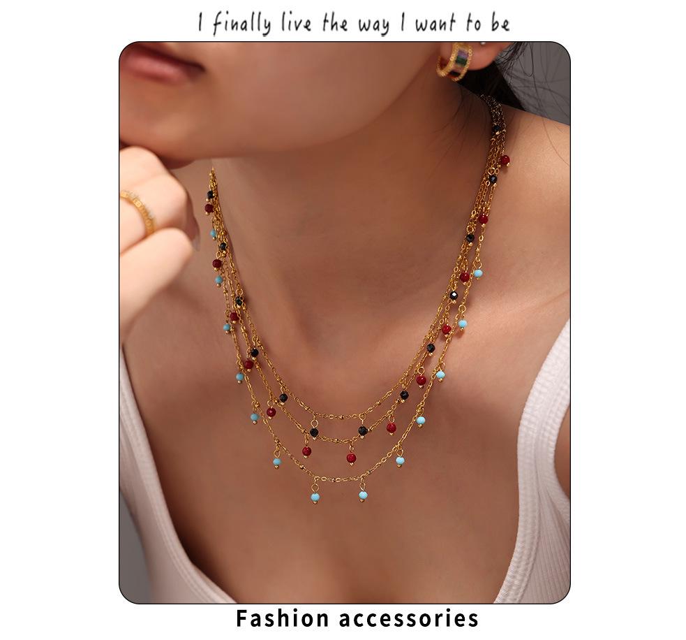 Qiong Yao Handmade Natural Stone Beads Double Layer 18K Gold Plated Choker Necklace for Women