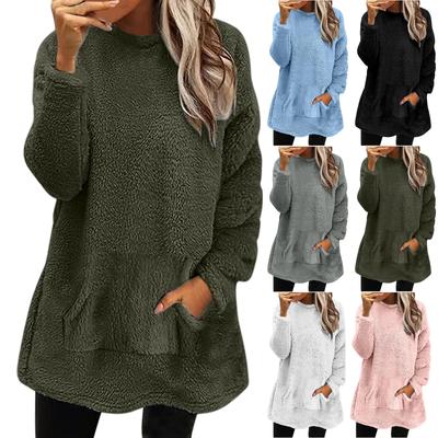 Damesmode Casual Lange Mouw Zak Dubbelzijdig Velours Effen Kleur Ronde Hals Sweatshirt Top