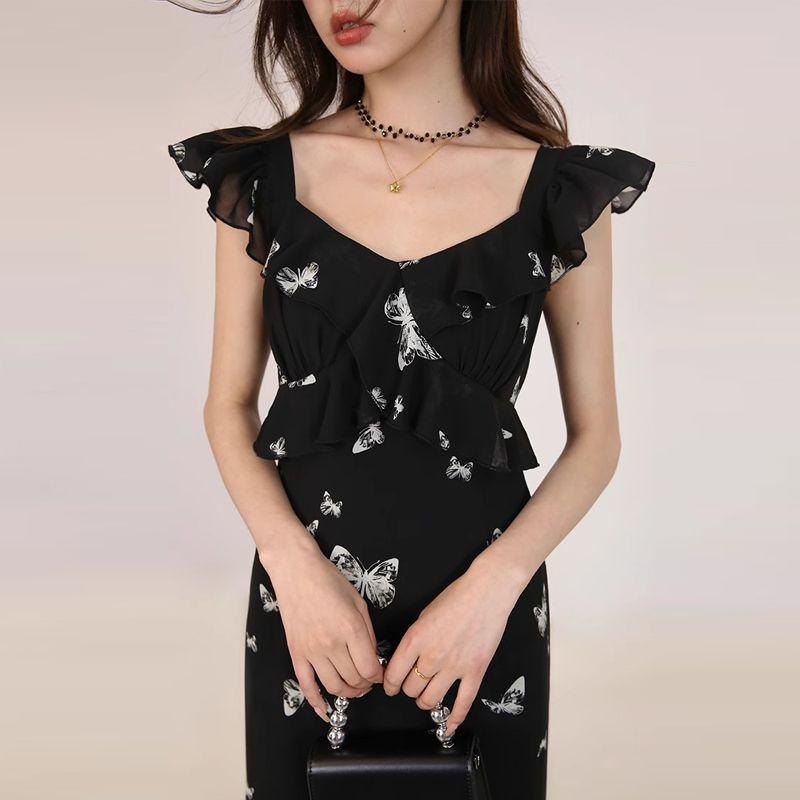 Feifei Sleeve Butterfly Printed Fishtail Dress Black Waist Medium and Long Small Sleeveless Dress Women's Summer