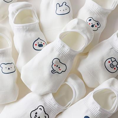 High Quality10 Pairs Women'S Cute Cartoon Bear & Rabbit Low-Cut Socks - Summer Anti-Slip Short Ankle Socks, Breathable Polyester & Spandex Blend,