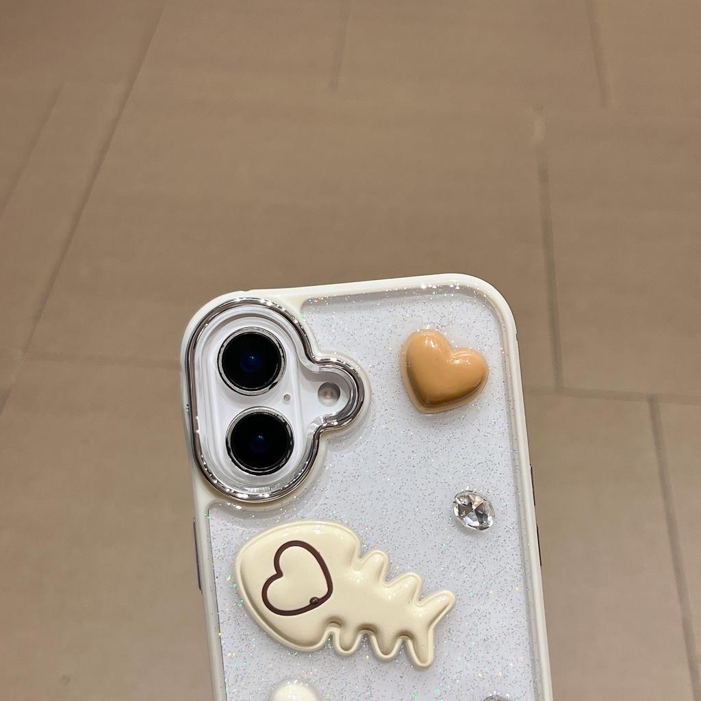 For iPhone 16 Case with Strap Glitter Heart Double Fishbone Epoxy PC TPU Phone Cover