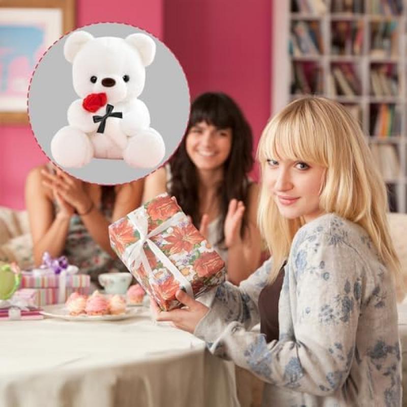 LIHIQIYA White Teddy Bear 25cm, Teddy Bear Holding Rose Plush Toy, Valentine's Day/Easter Gift for Girlfriend Wife