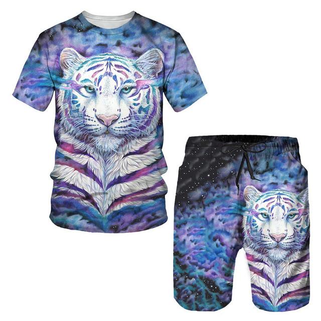Tricou/costumul cu imprimeu 3D The Tiger, cu mâneci scurte, cu gâtul O, pantaloni de plajă pentru bărbați, set de 2 bucăți, îmbrăcăminte sport pentru cuplu, pantaloni scurți de înot