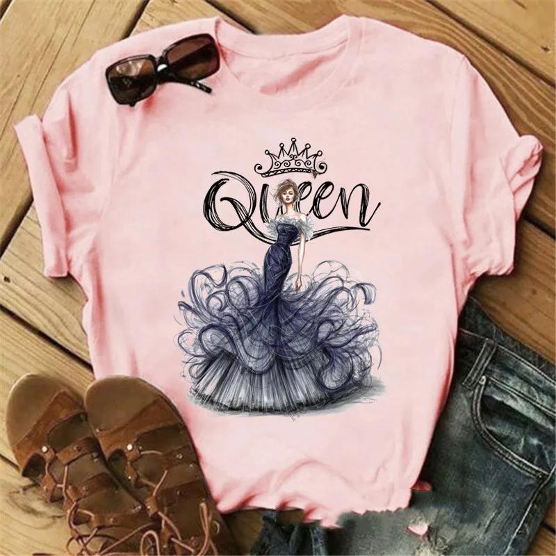 Pink Crown Queen Print Women T Shirt Short Sleeve O Neck Loose Women Tshirt Ladies Tee Shirt Tops Clothes Camisetas Mujer