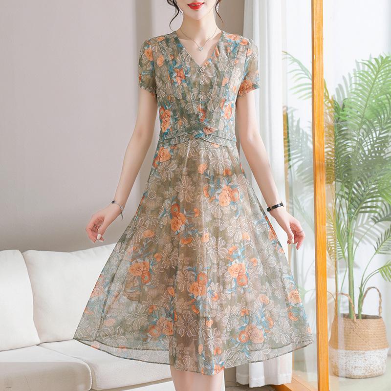 

Elegant Floral Chiffon Dress for Moms - 40s & 50s Summer Style 5XL (145-160 jin)