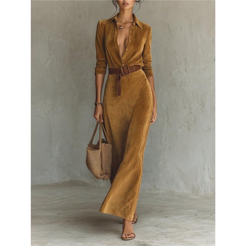 

2025 Autumn/Winter Suede Plush Waist-Cinching Long Shirt Dress with Belt L коричневый