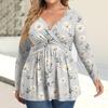 Women's Plus Size Shirt Long Sleeve  Print Top Pleated Casual V-Neck Top