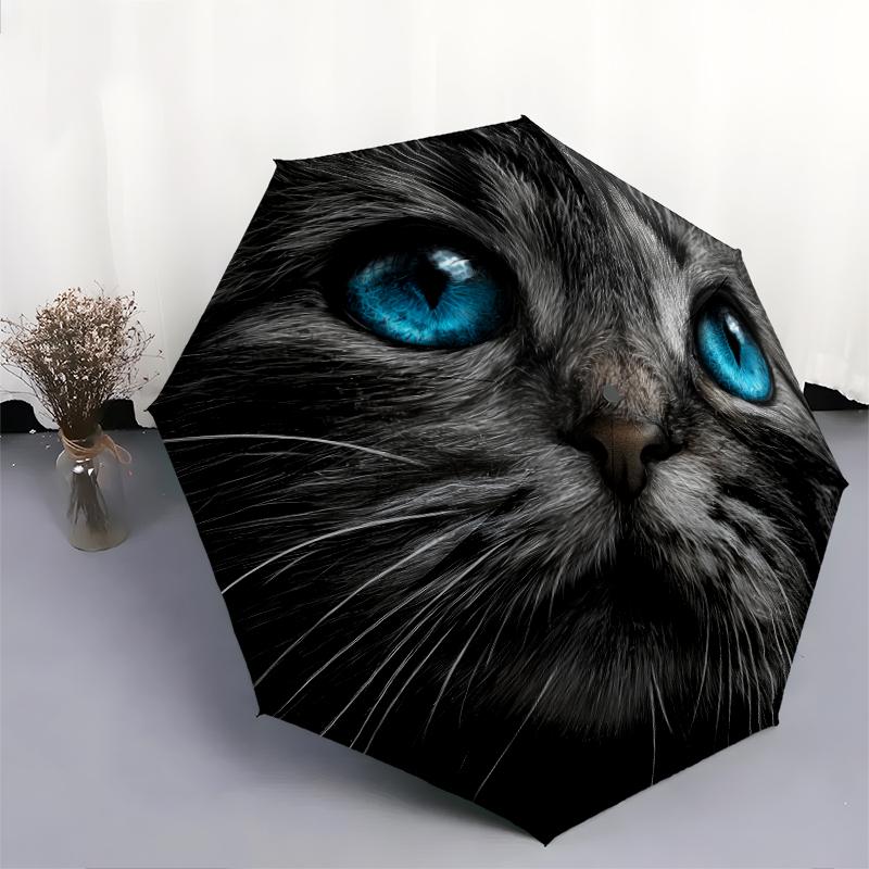 Black Kitten Pattern, Automatic Folding Umbrella, Portable and Foldable Design, 8 Ribs, a Christmas or Birthday Gift.