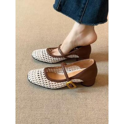2025 Neue Retro Ausgehöhlte Damen Farbblock Einzelschuhe mit Leichtem Ausschnitt, Runder Zehenpartie, Ein-Riemen und Dickem Absatz