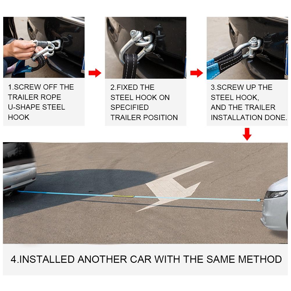 Car Trailer Tow Rope Road Recovery Towing Cable with Reflective Strip Hooks 8 Tons 3 Meters